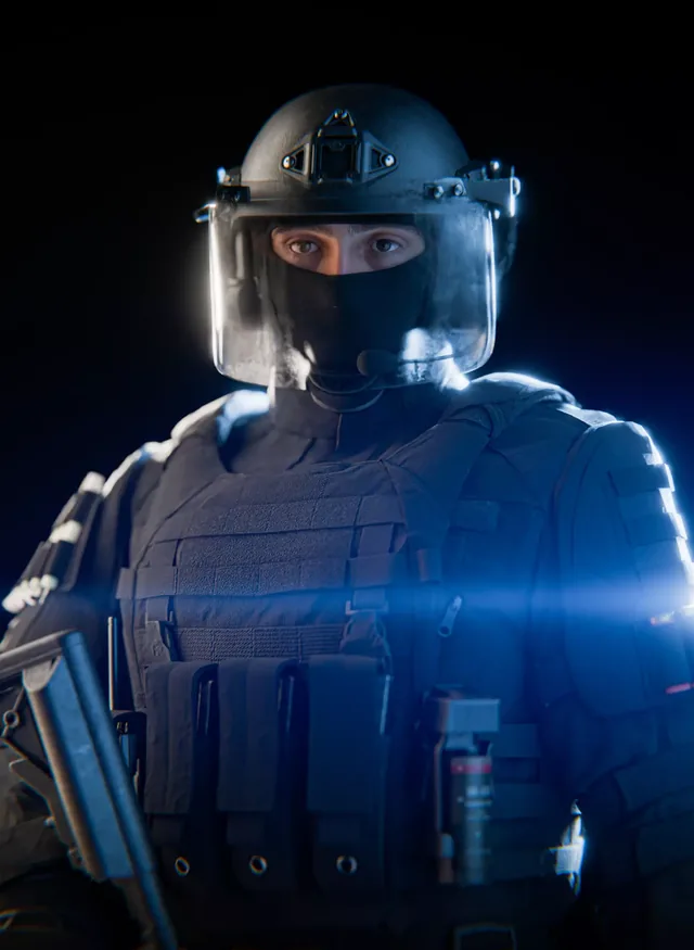 Aegis — support operative with ballistic face shield